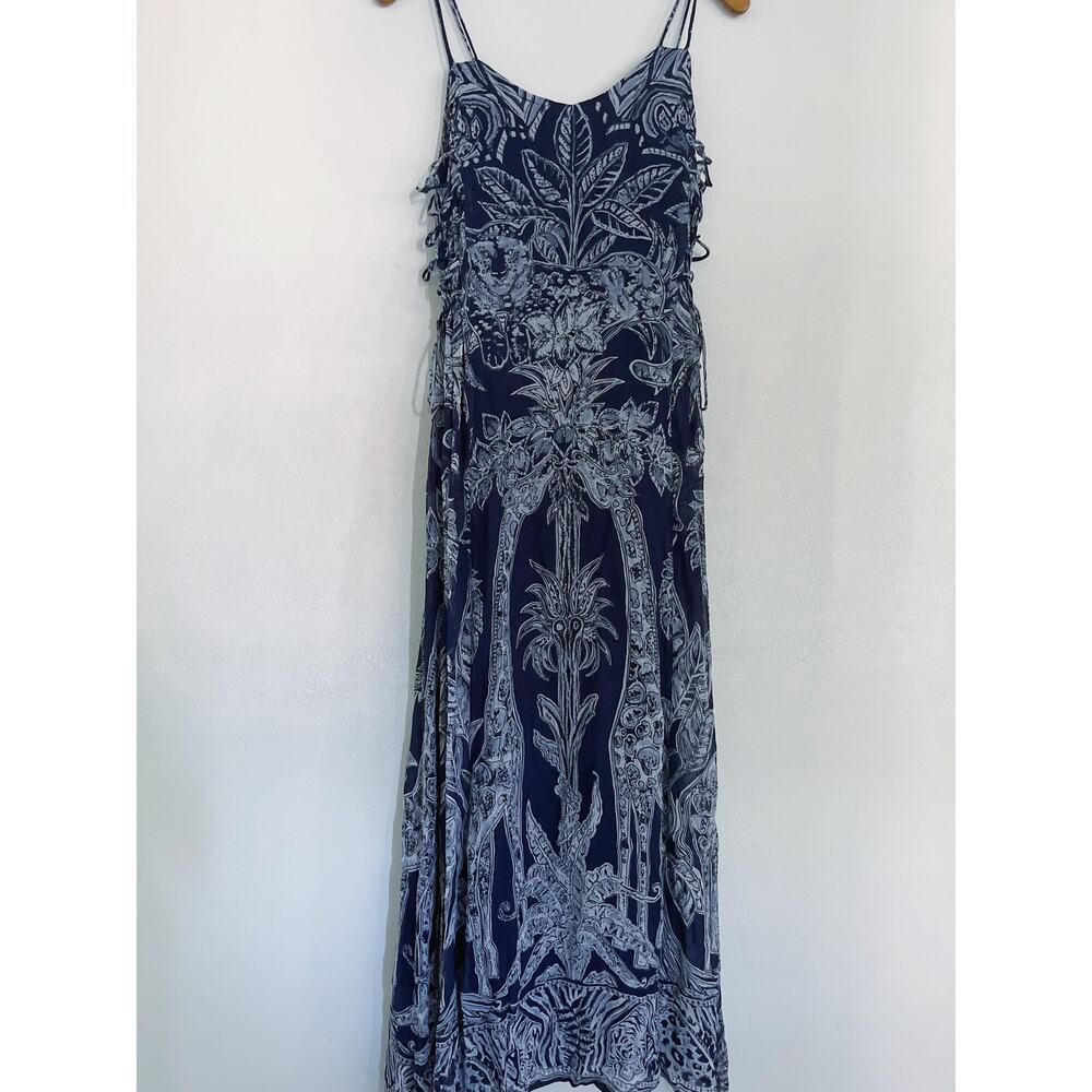 Phool Dress Womens L (Fits S)Blue Animal Print Maxi Sundress Lace Up Boho Safari